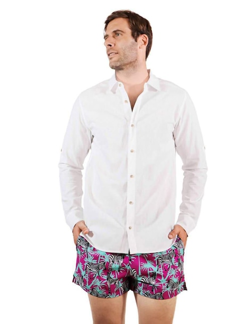 Camisa playa de lino manga larga para hombre 1