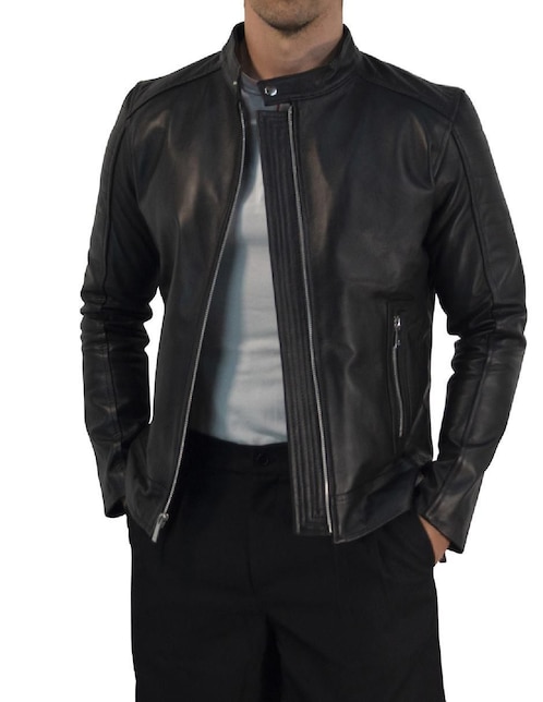 Chamarra para motociclista John Leopard de piel con bolsillos para hombre