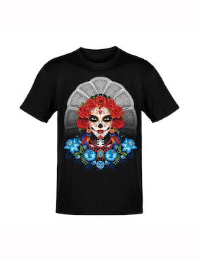 Playera Karani-Art catrina tehuana estilo mexicano cuello redondo para hombre
