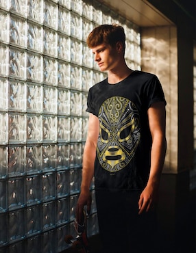 Playera Karani-Art máscara dorada pedería cuello redondo para hombre