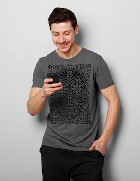 Playera Karani-Art calavera obsidiana cuello redondo para hombre