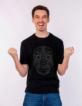 Playera Karani-Art calavera obsidiana cuello redondo para hombre