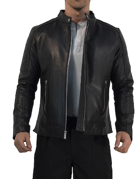 Chamarra para motociclista John Leopard de piel con bolsillos para hombre