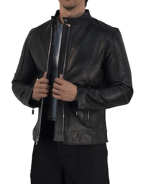 Chamarra para motociclista John Leopard de piel con bolsillos para hombre