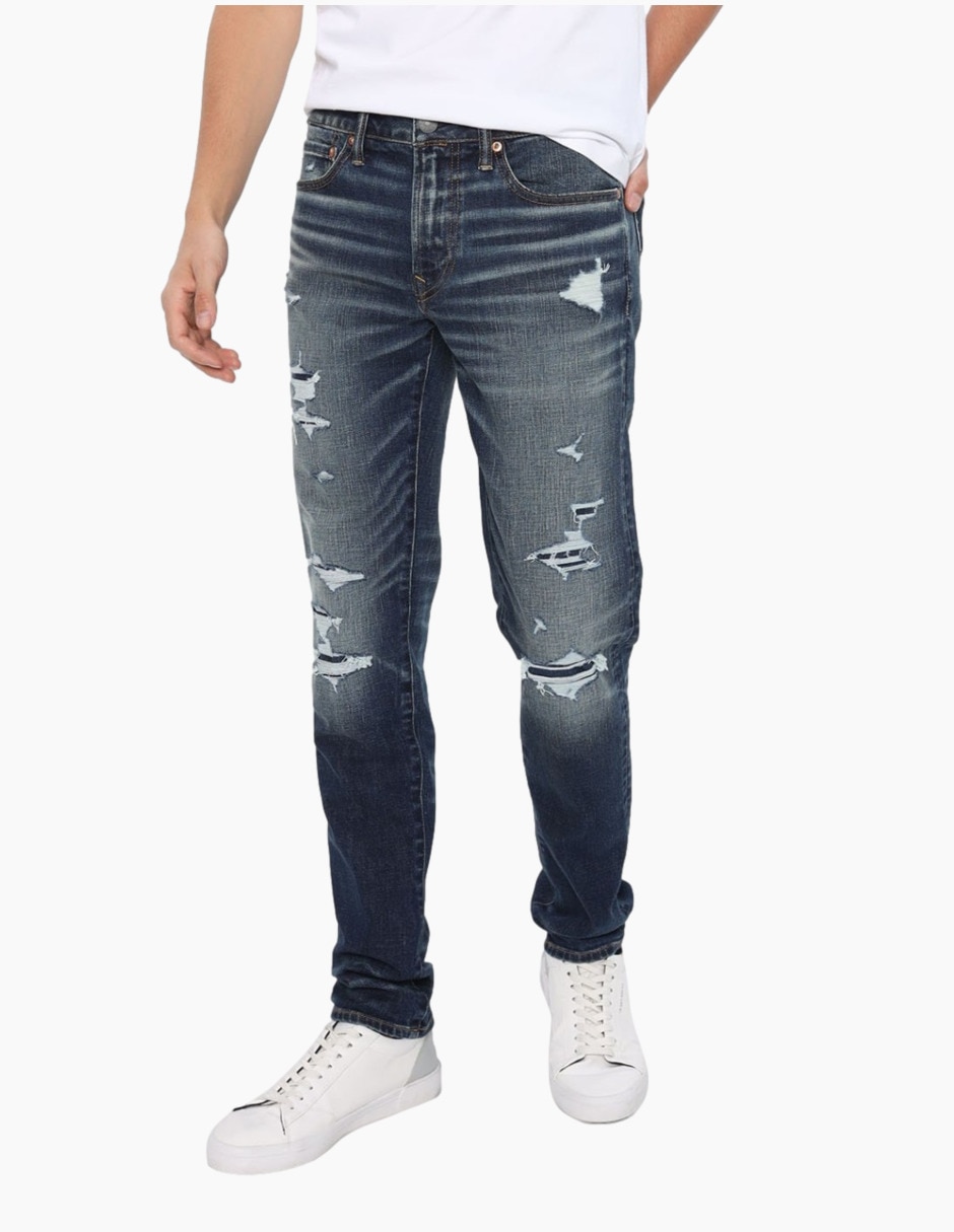 Jeans regular skinny lavado destruido para hombre