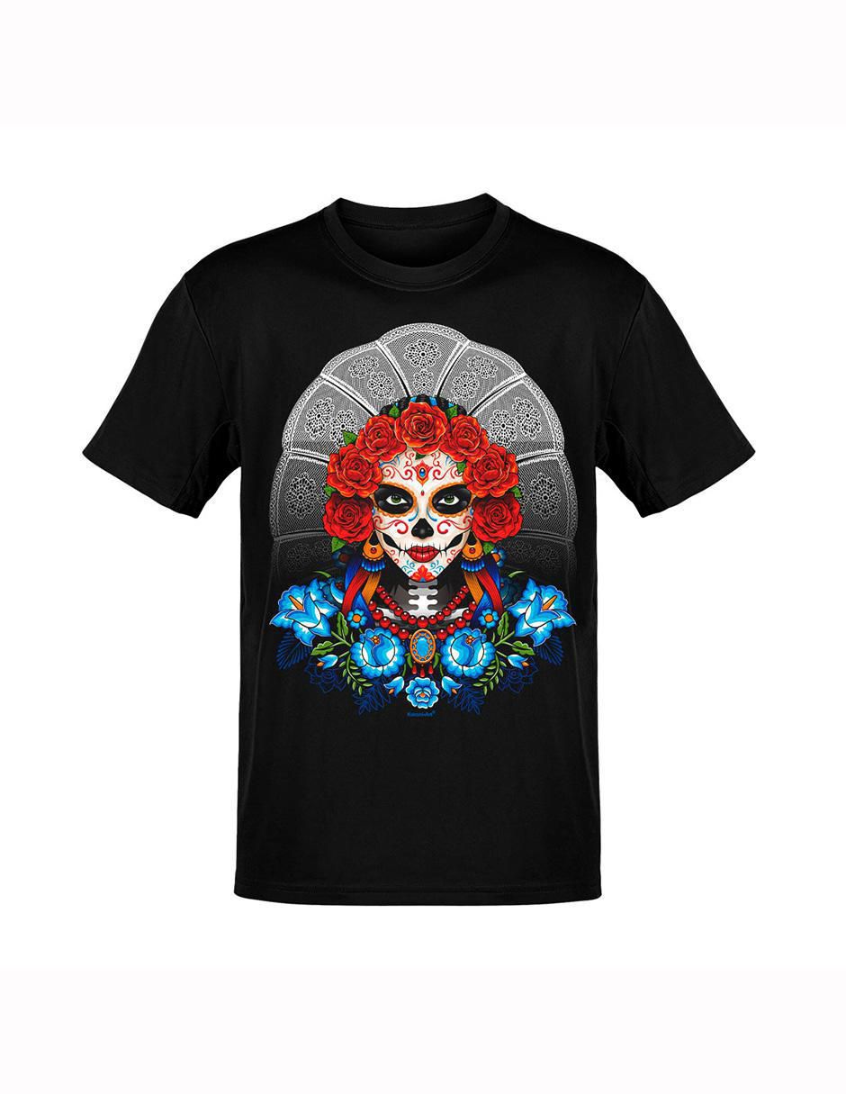 Playera catrina tehuana estilo mexicano cuello redondo para hombre