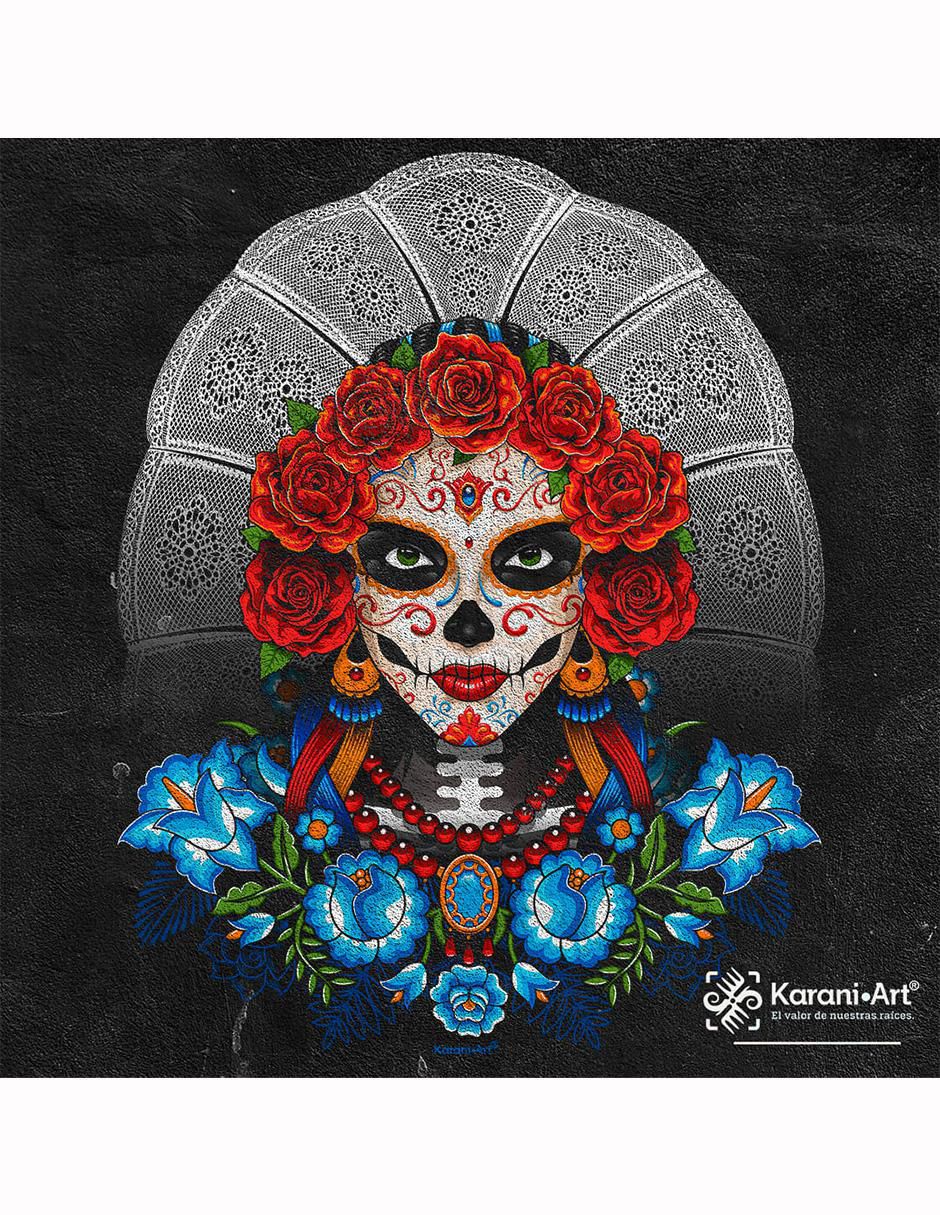 Playera catrina tehuana estilo mexicano cuello redondo para hombre 2