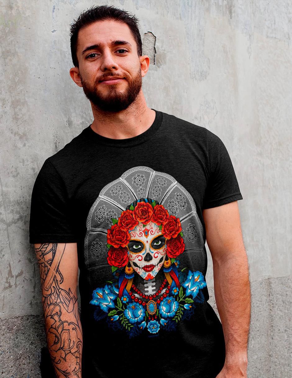 Playera catrina tehuana estilo mexicano cuello redondo para hombre 3
