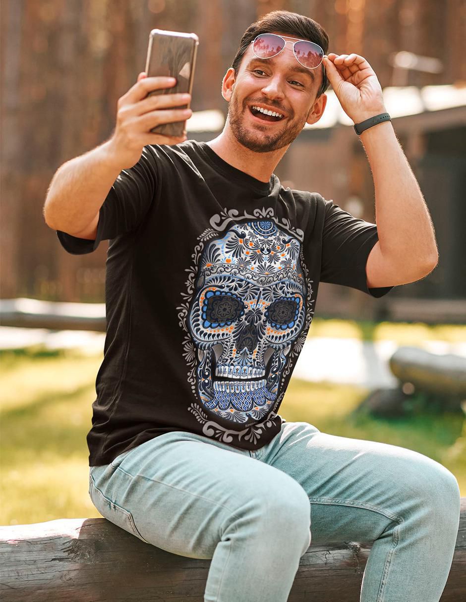 Playera calavera talavera estilo mexicano cuello redondo para hombre 3