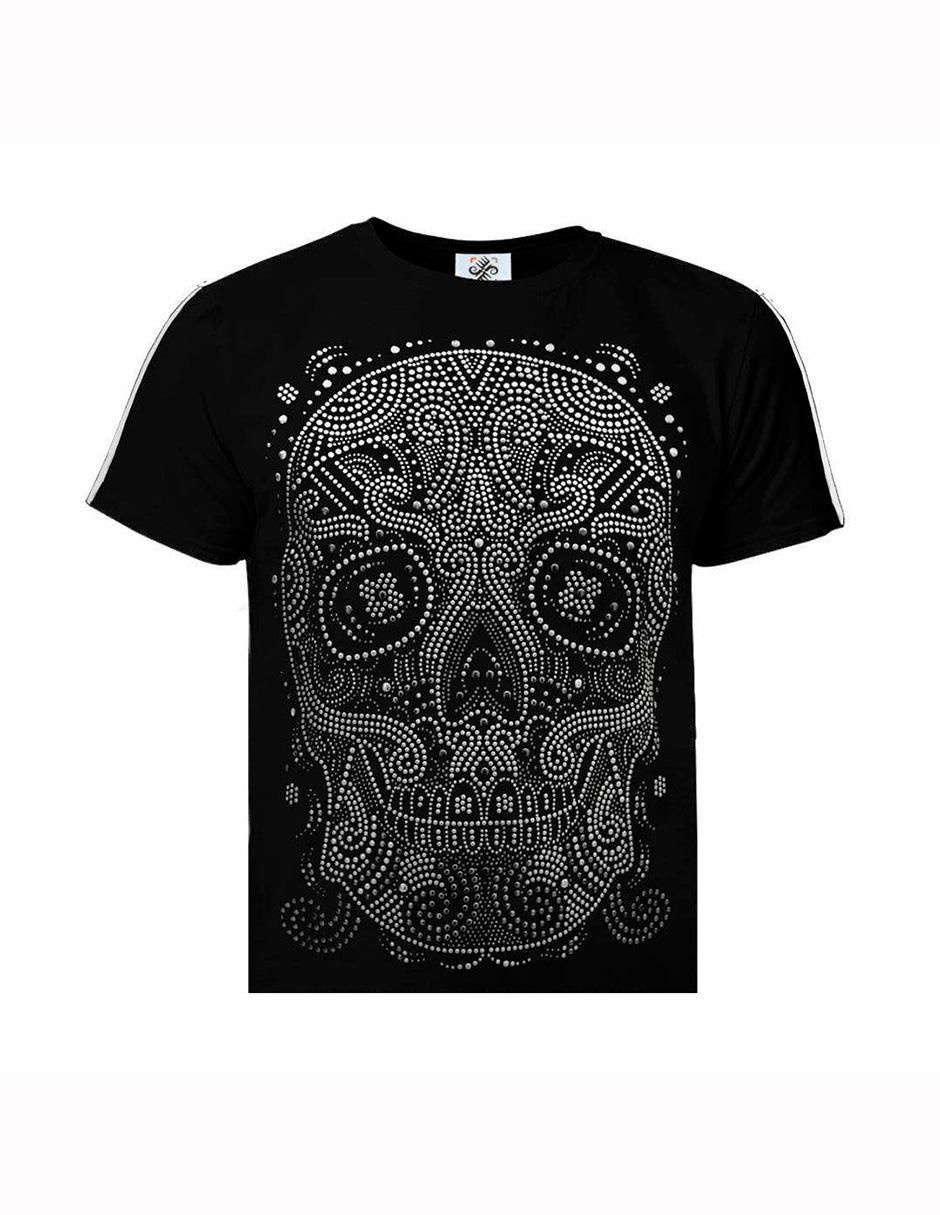 Playera tzontli de plata pedrería cuello redondo para hombre