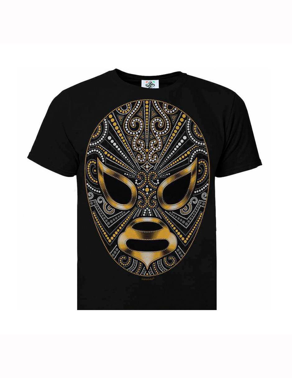 Playera máscara dorada pedería cuello redondo para hombre