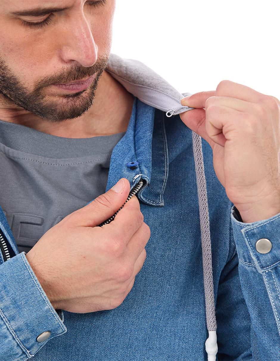 Chamarra denim de mezclilla capucha desmontable para hombre 6