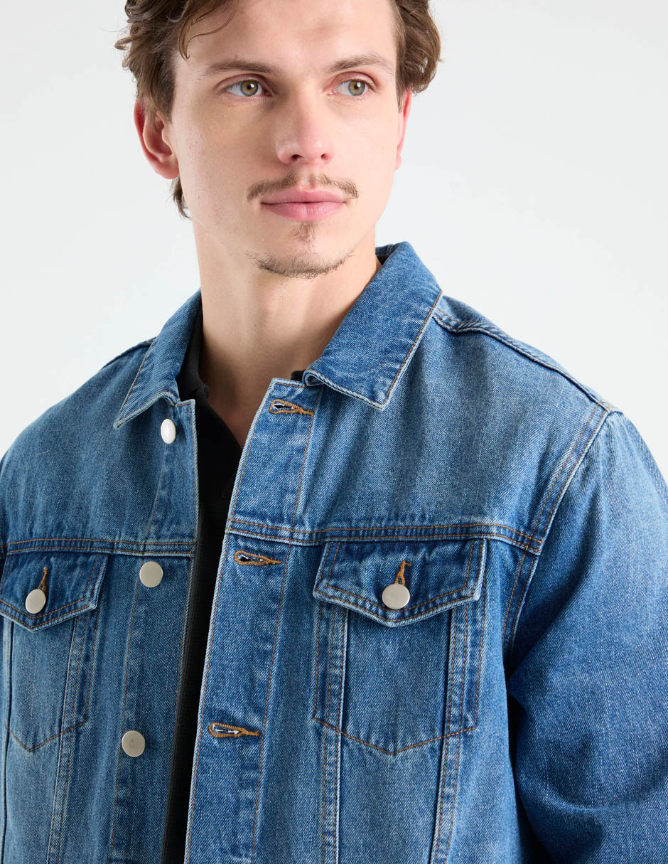 Chamarra denim de algodón con bolsillos para hombre 4